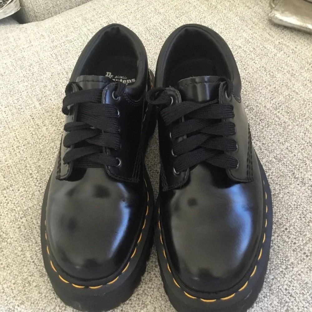 Dr. Martens  8053 Quad Black Patent Leather Platform Derby with Yellow Stitching